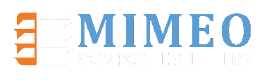 a logo with blue font for mimeo composite shutters