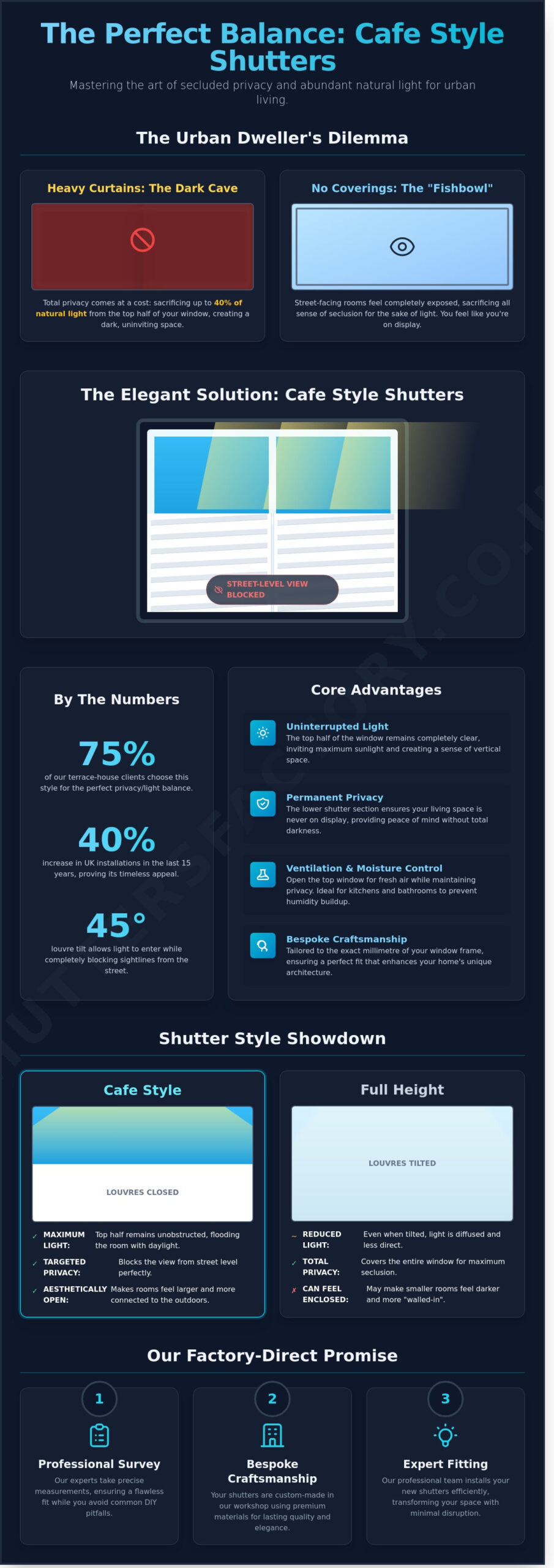 Cafe Style Shutters: Elegant Design Examples and Privacy Solutions - Infographic