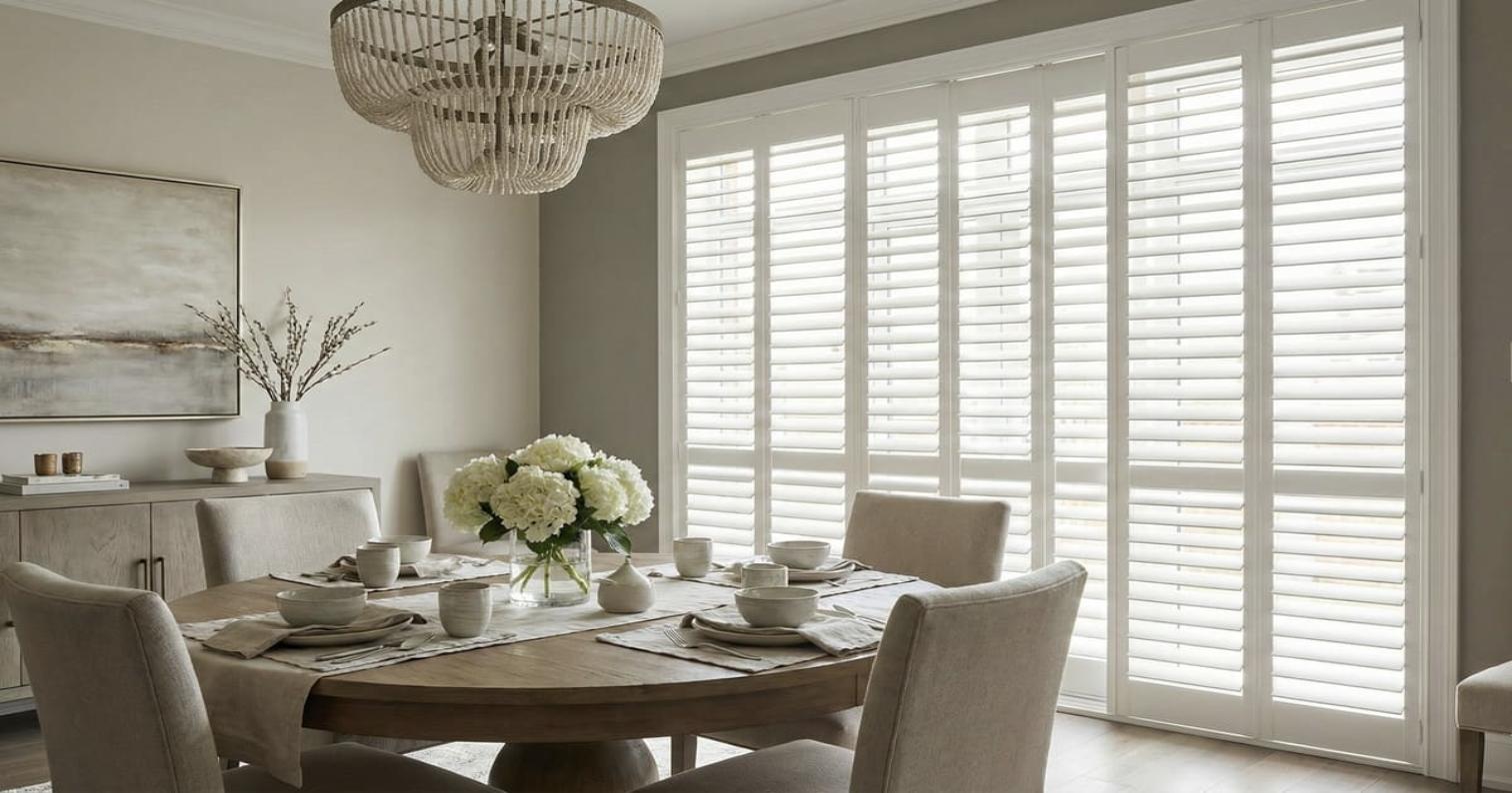 Graino Paulownia shutters dining room installation